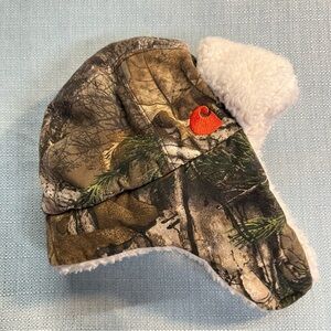 Carhartt baby fleece lined camo trapper hat, Velcro closure at chin
